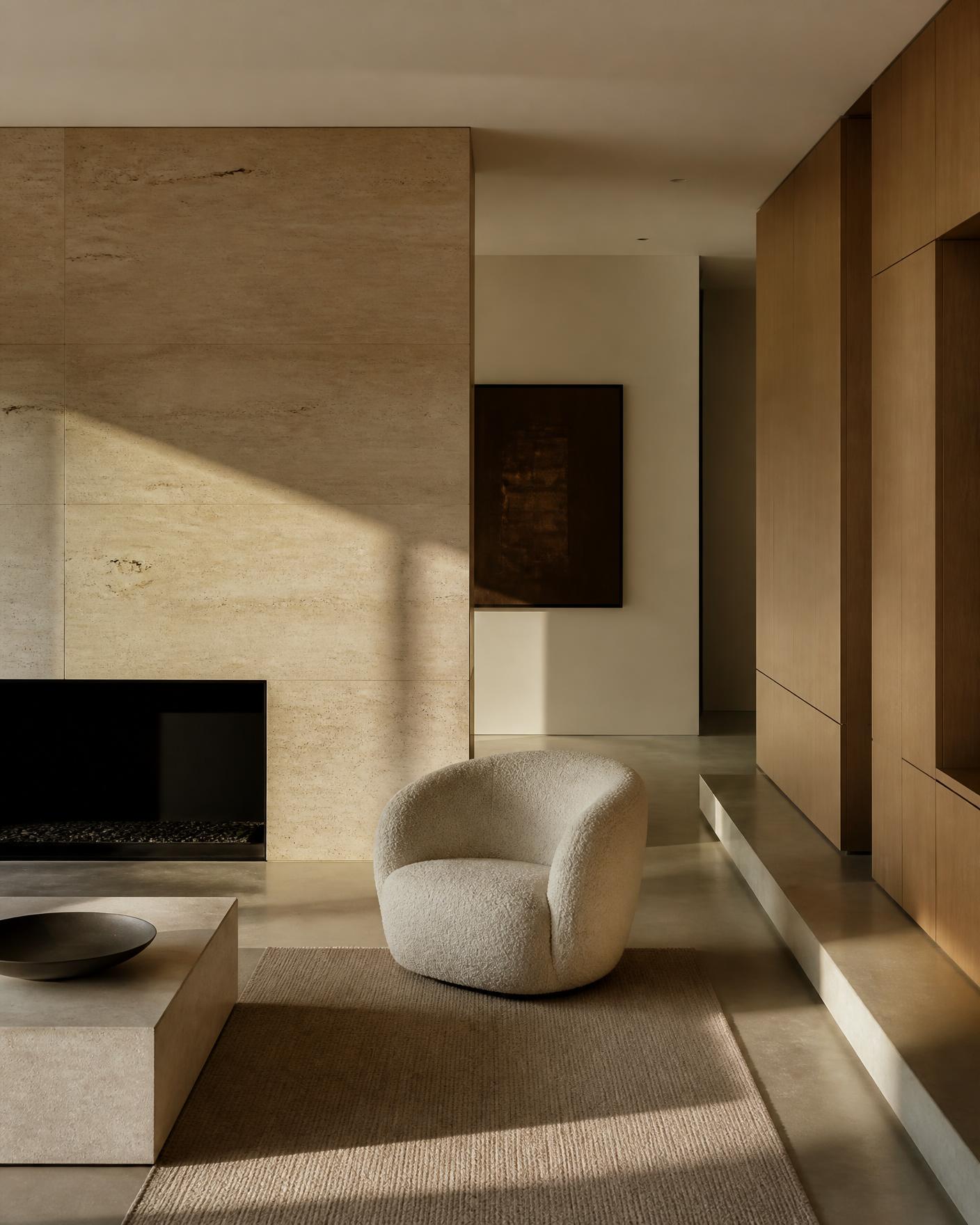 Interior contemporâneo com parede de travertino e luz natural