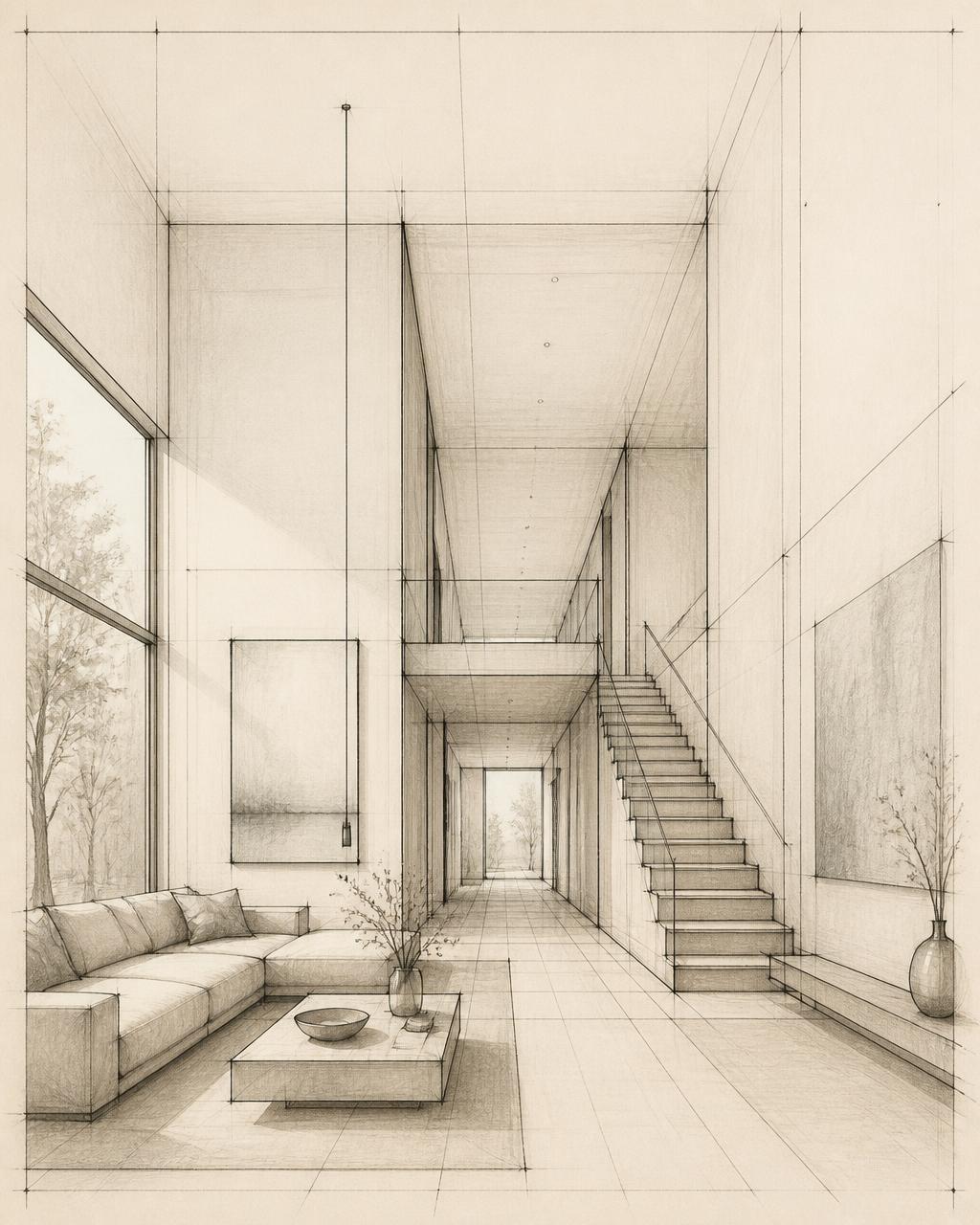 Esboço arquitetônico de interior em perspectiva, com linhas de fuga aparentes