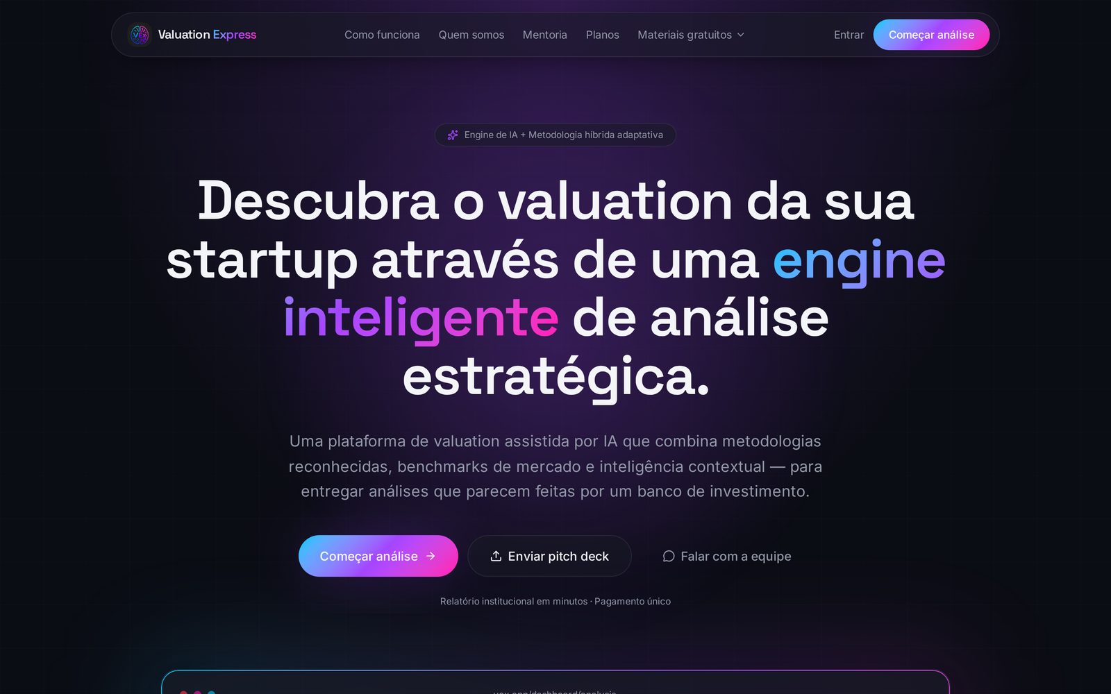 Home da plataforma Valuation Express em versão desktop